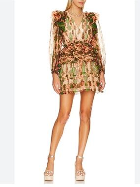 Ulla Johnson Adelaide Ruffled Printed Silk Green and Pink Mini Dress - LIKE NEW